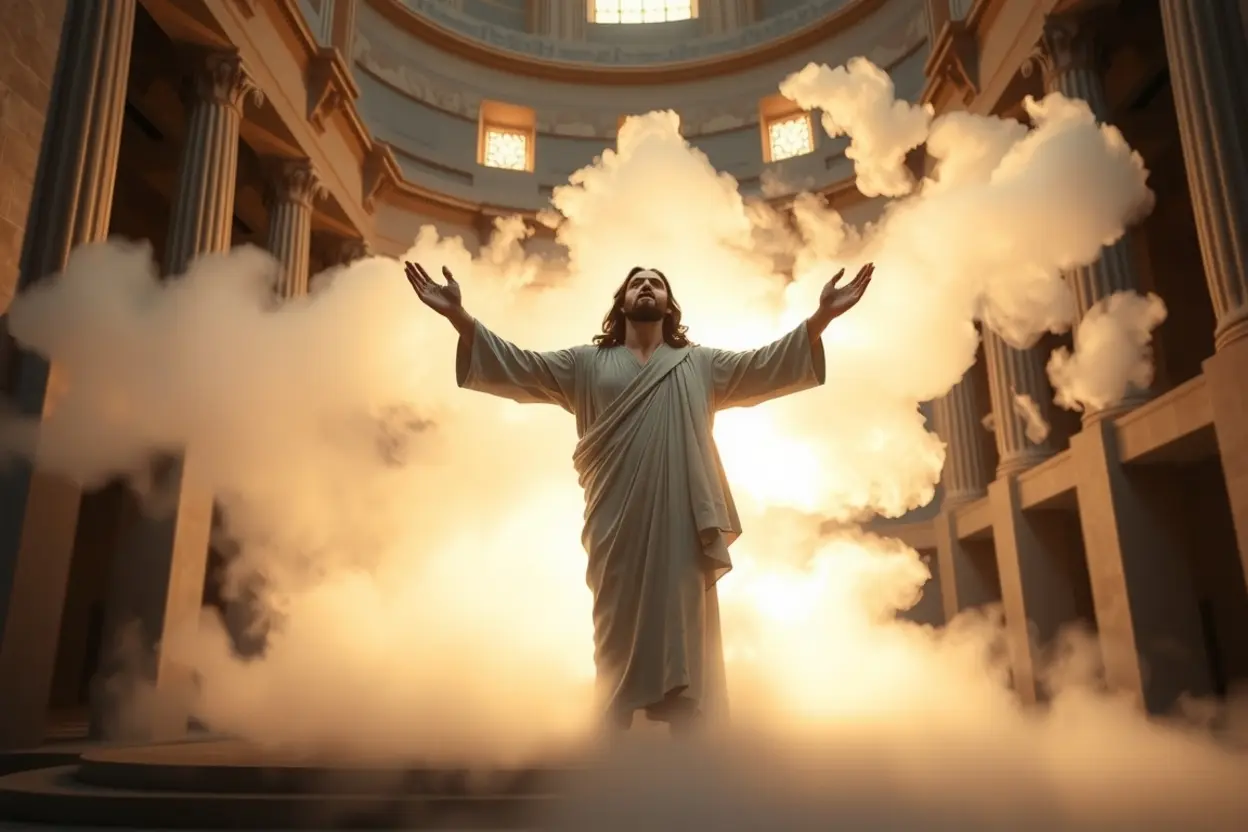 Figura etérea emergindo da névoa, simbolizando a ressurreição e nova vida.