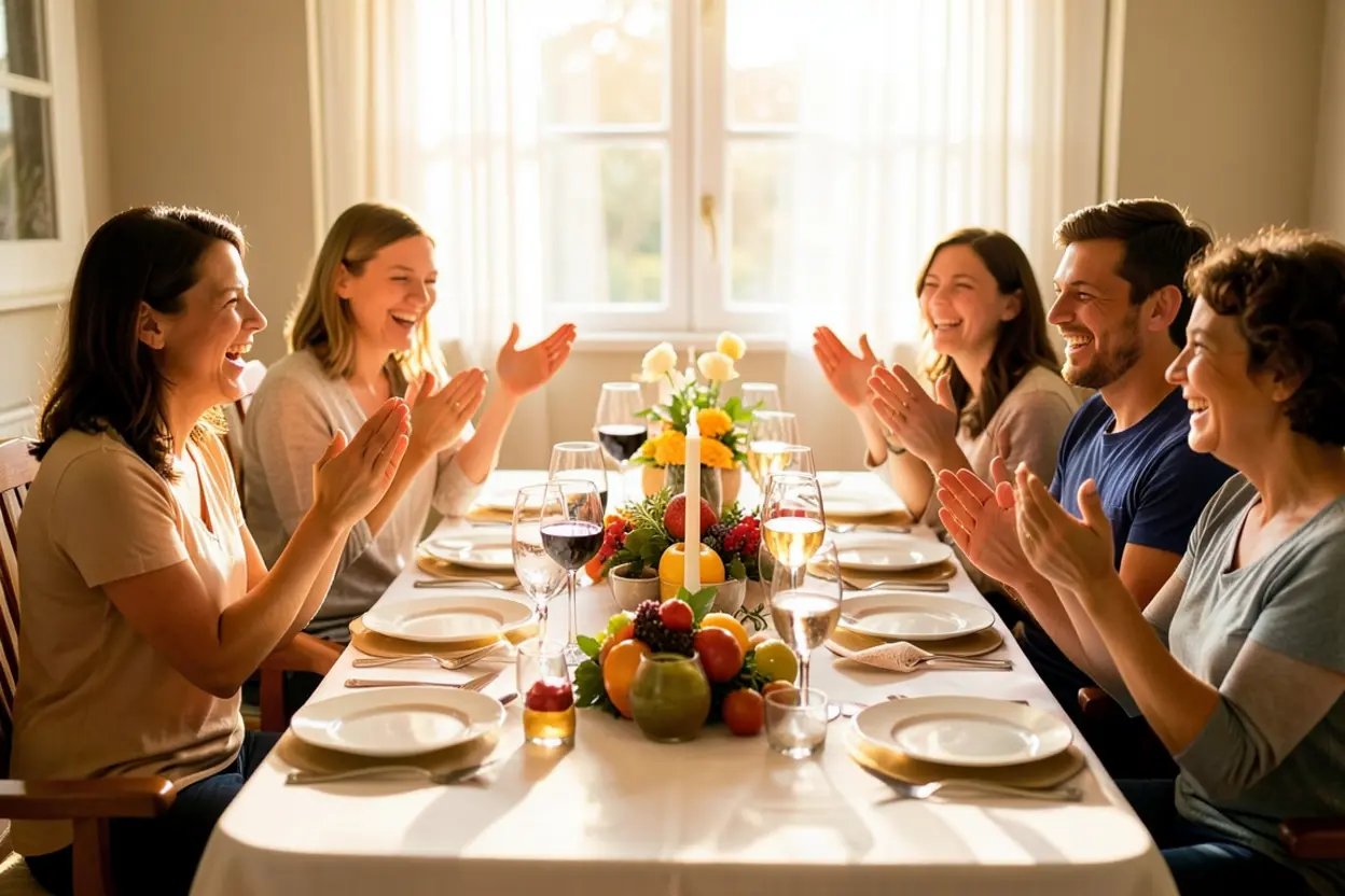 Família reunida ao redor de uma mesa farta em um momento de gratidão e celebração a Deus.