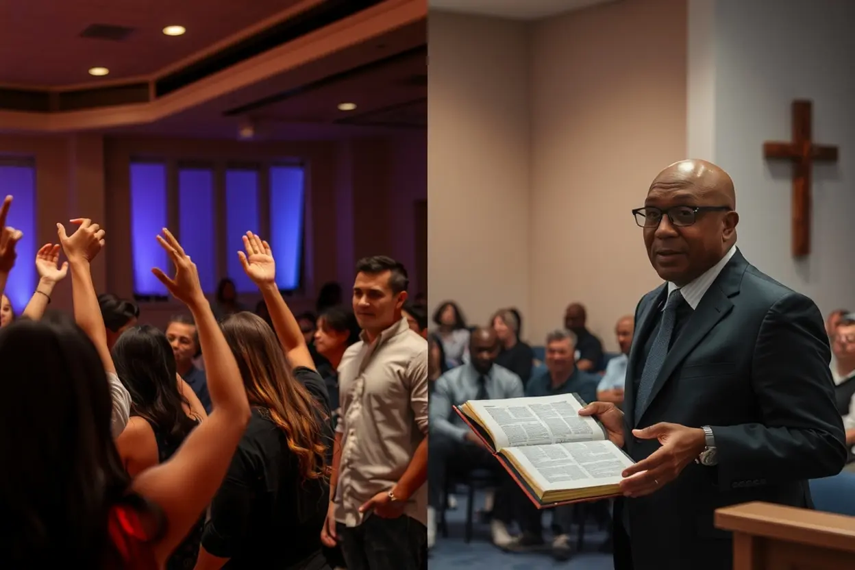 Culto de Ensino vs Culto de Celebração Comparativo visual entre culto de ensino e culto de celebração