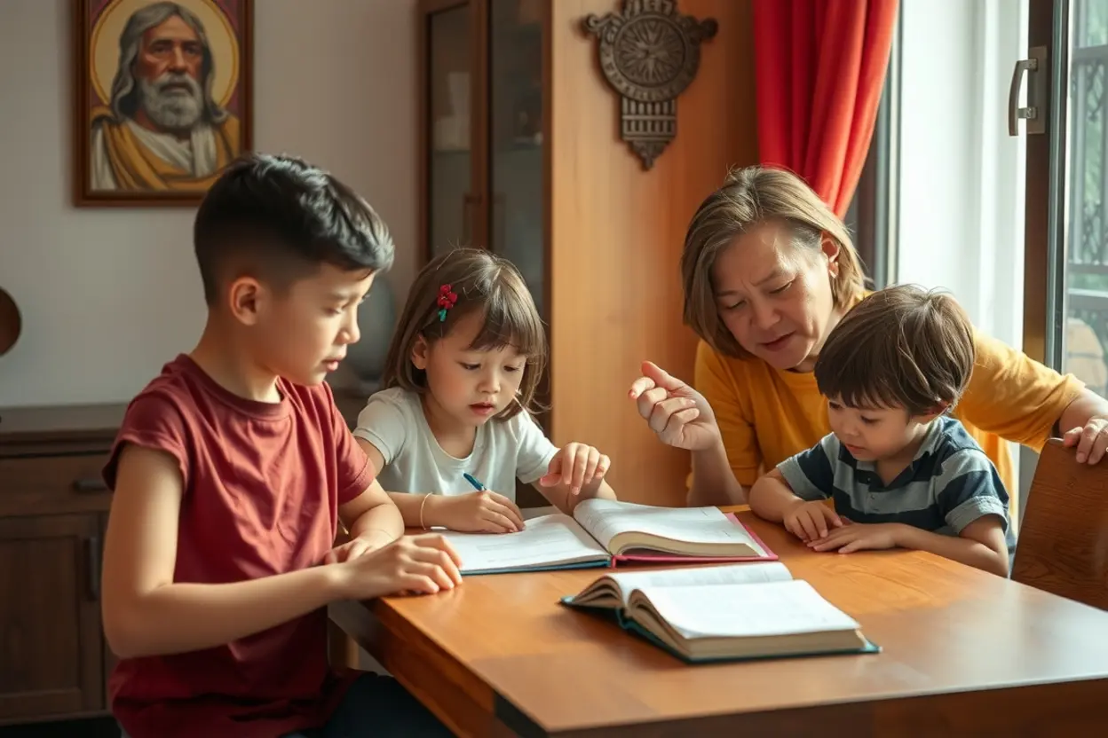 Família reunida de forma criativa no culto doméstico
