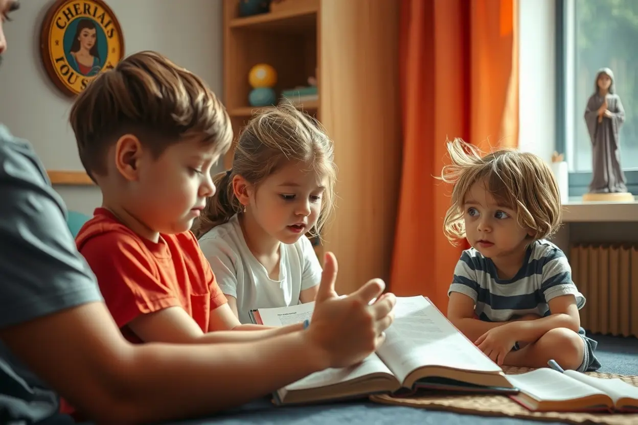 Família realizando culto doméstico com elementos visuais para crianças