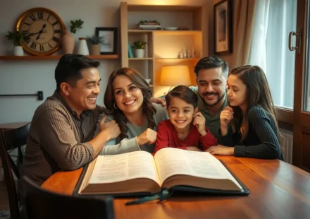 Família feliz em culto doméstico, Bíblia iluminada, superando a rotina.