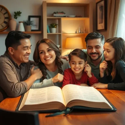 Família feliz em culto doméstico, Bíblia iluminada, superando a rotina.