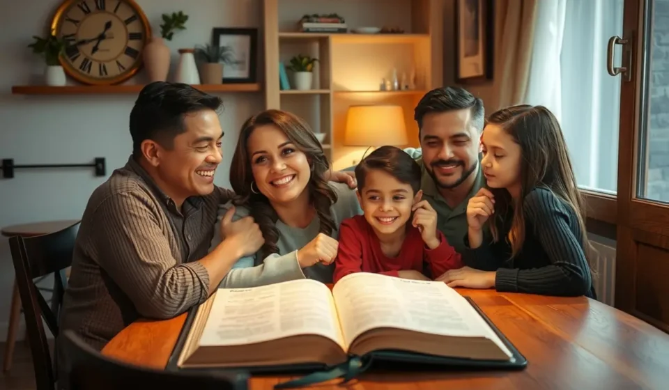 Família feliz em culto doméstico, Bíblia iluminada, superando a rotina.
