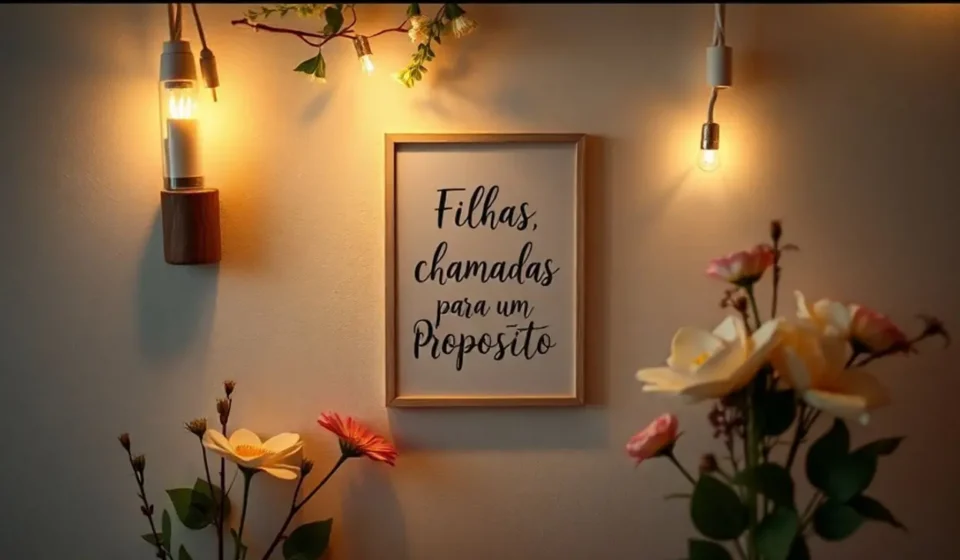 Decoração de culto de mulheres, cartaz com frase, flores, identidade visual