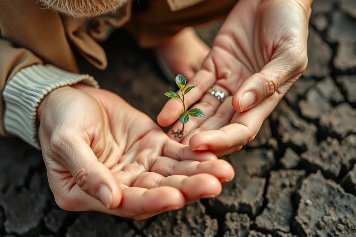 Mãos guiando uma planta jovem em terra rachada, ilustrando a justiça de Deus.