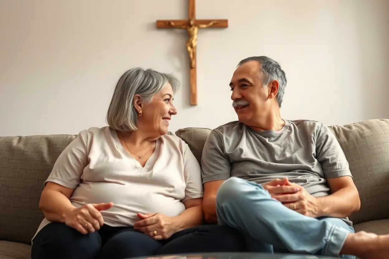Casal conversando em casa, praticando o diálogo.