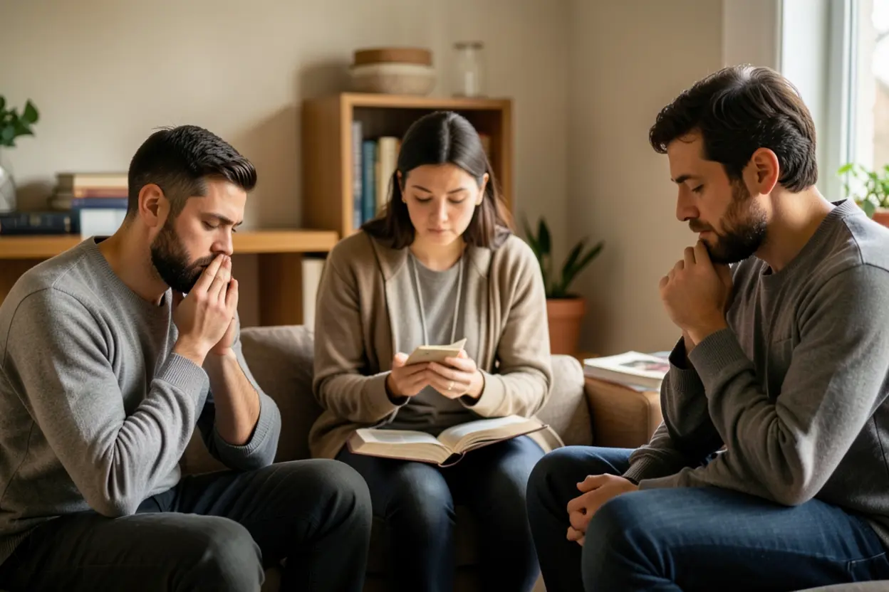 Grupo de cristãos em oração e estudo, demonstrando disciplina espiritual.