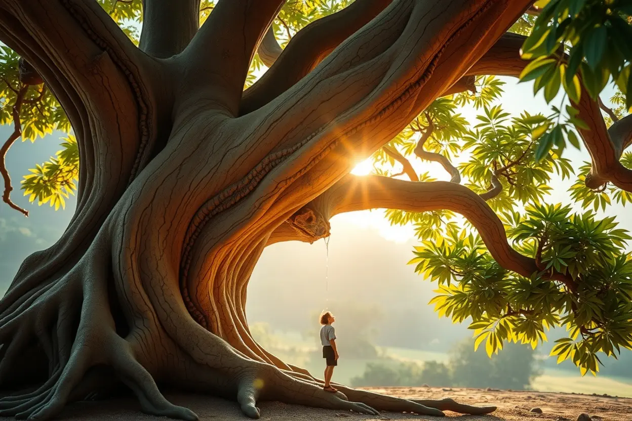 Uma árvore madura nutrindo uma muda, simbolizando o discipulado bíblico.