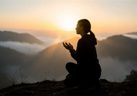 Pessoa orando no monte, contemplação antes da missão, discipulado com Deus