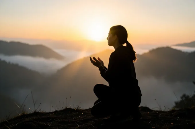 Pessoa orando no monte, contemplação antes da missão, discipulado com Deus