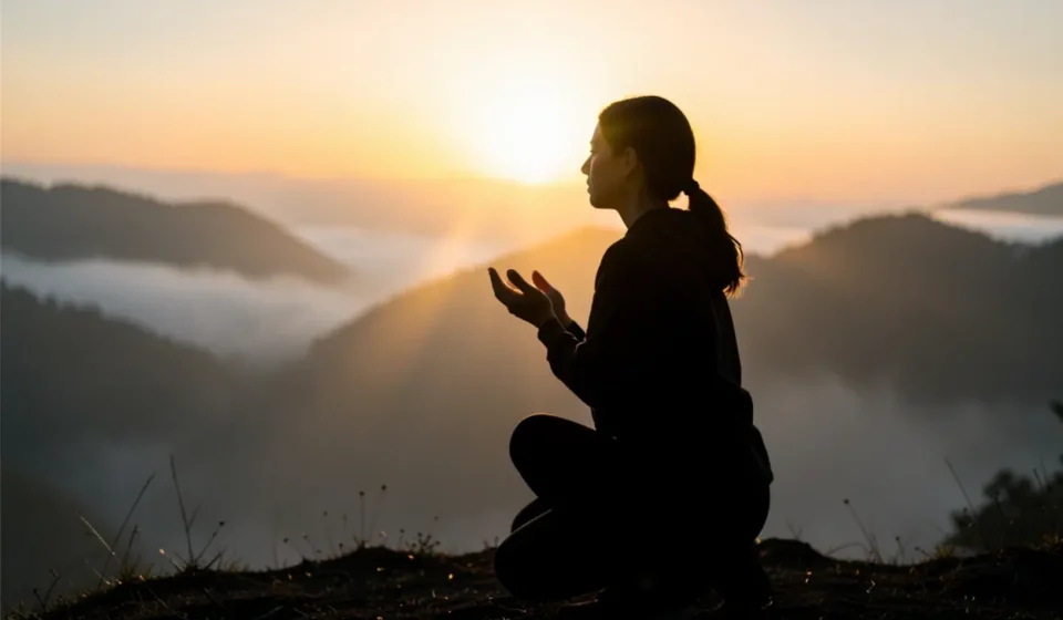 Pessoa orando no monte, contemplação antes da missão, discipulado com Deus