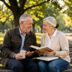 Duas pessoas, mentor e discípulo, lendo a Bíblia e conversando em um parque.