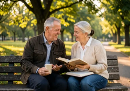 Duas pessoas, mentor e discípulo, lendo a Bíblia e conversando em um parque.