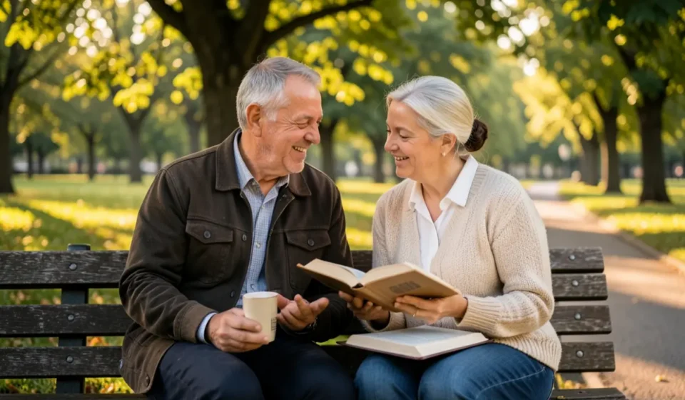Como fazer um discipulado individual: Guia prático passo a passo Duas pessoas, mentor e discípulo, lendo a Bíblia e conversando em um parque.