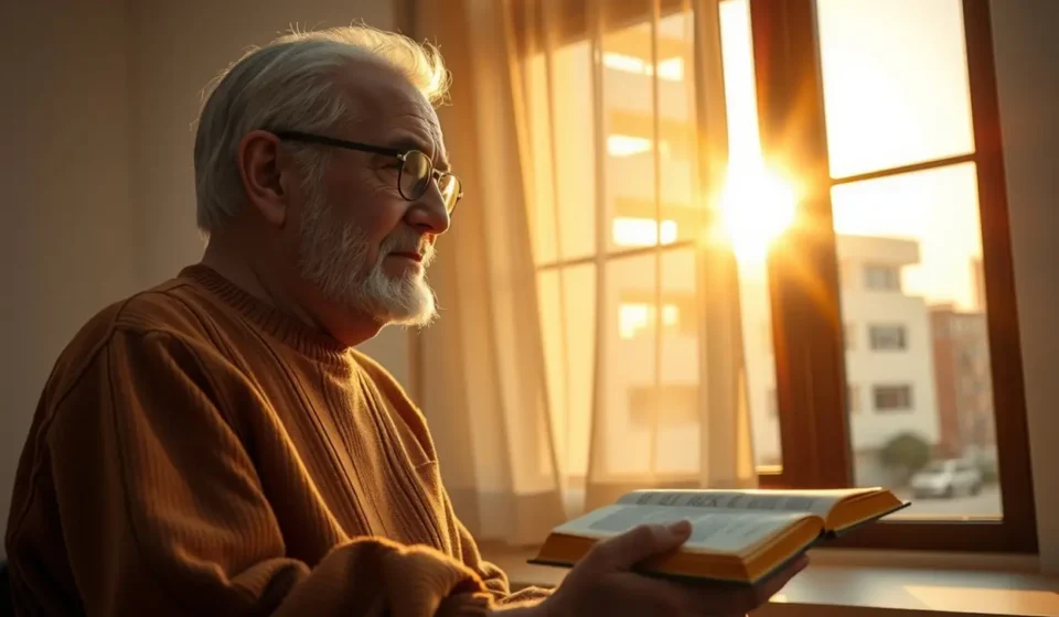 Mão de idoso e jovem com Bíblias abertas, simbolizando discipulado e mentoria cristã.