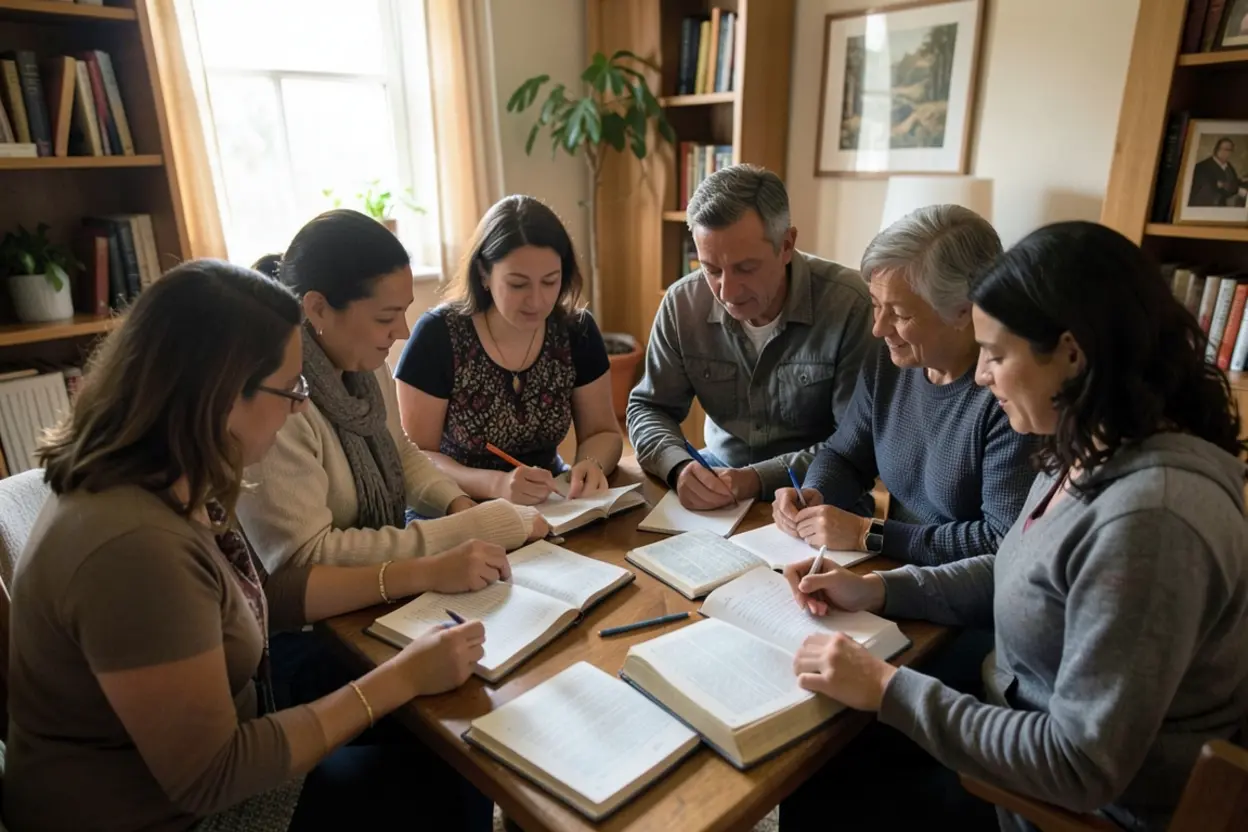 Grupo estudando a Bíblia sobre convicções espirituais.
