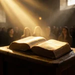 Bíblia aberta em púlpito com luz divina, representando a estrutura de sermão expositivo.