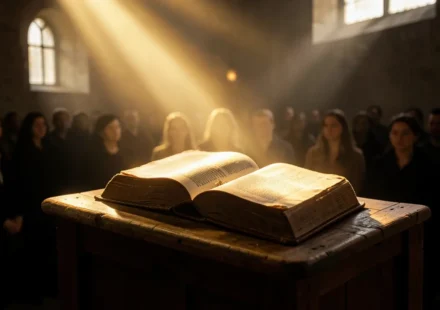 Bíblia aberta em púlpito com luz divina, representando a estrutura de sermão expositivo.