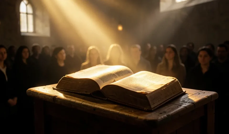 Bíblia aberta em púlpito com luz divina, representando a estrutura de sermão expositivo.