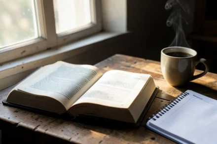 Bíblia aberta em 1 Tessalonicenses 1:5 para estudo