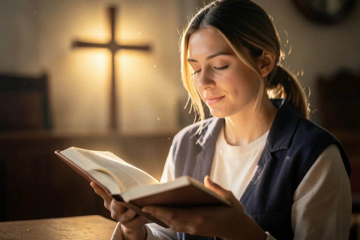 Jovem lendo a Bíblia com luz suave