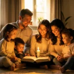 Família reunida para culto doméstico com Bíblia e vela
