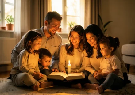 Família reunida para culto doméstico com Bíblia e vela