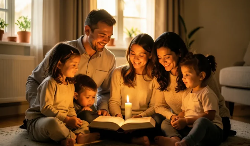 Família reunida para culto doméstico com Bíblia e vela