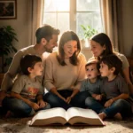 Família orando e lendo a Bíblia no culto doméstico com crianças