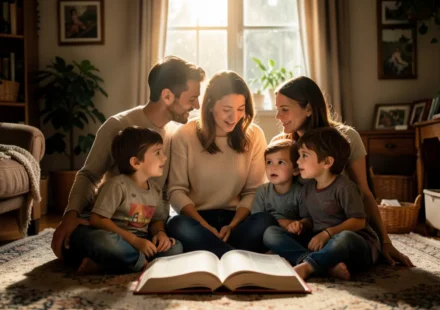 Família orando e lendo a Bíblia no culto doméstico com crianças
