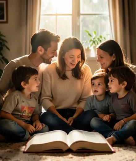 Família orando e lendo a Bíblia no culto doméstico com crianças
