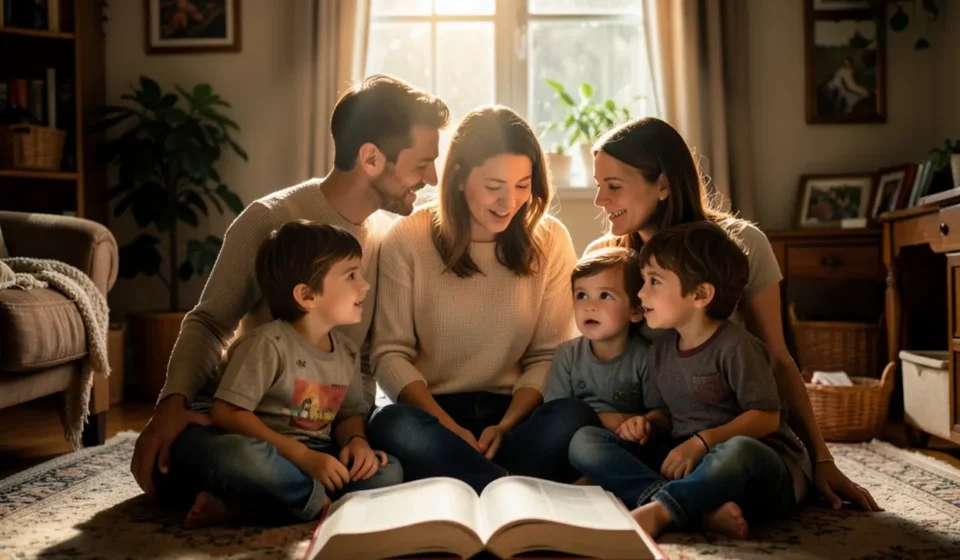 Família orando e lendo a Bíblia no culto doméstico com crianças