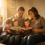 Família lendo a Bíblia e orando juntos em casa