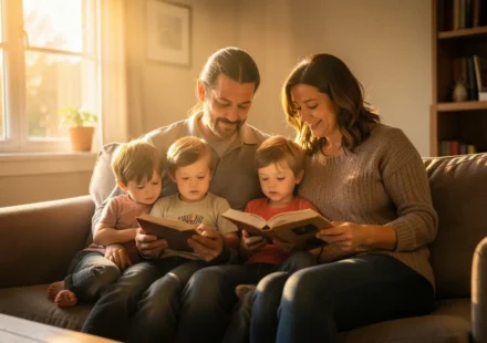 Família lendo a Bíblia e orando juntos em casa