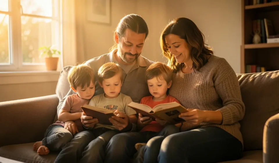 Família lendo a Bíblia e orando juntos em casa