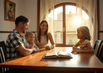 Família reunida para culto no lar, com Bíblia aberta, representando o discipulado familiar.
