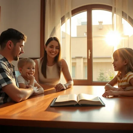 Família reunida para culto no lar, com Bíblia aberta, representando o discipulado familiar.