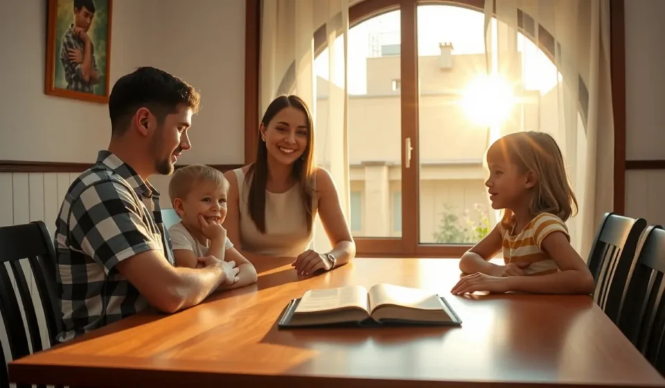 Família reunida para culto no lar, com Bíblia aberta, representando o discipulado familiar.