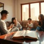 Família orando junta em casa, momento de intercessão e fé cristã.