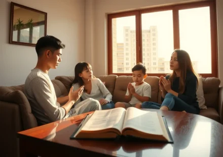 Família orando junta em casa, momento de intercessão e fé cristã.