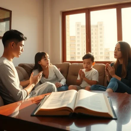 Família orando junta em casa, momento de intercessão e fé cristã.