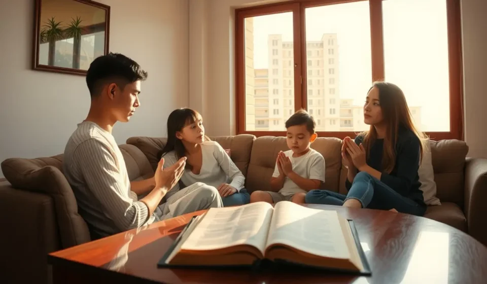Família orando junta em casa, momento de intercessão e fé cristã.