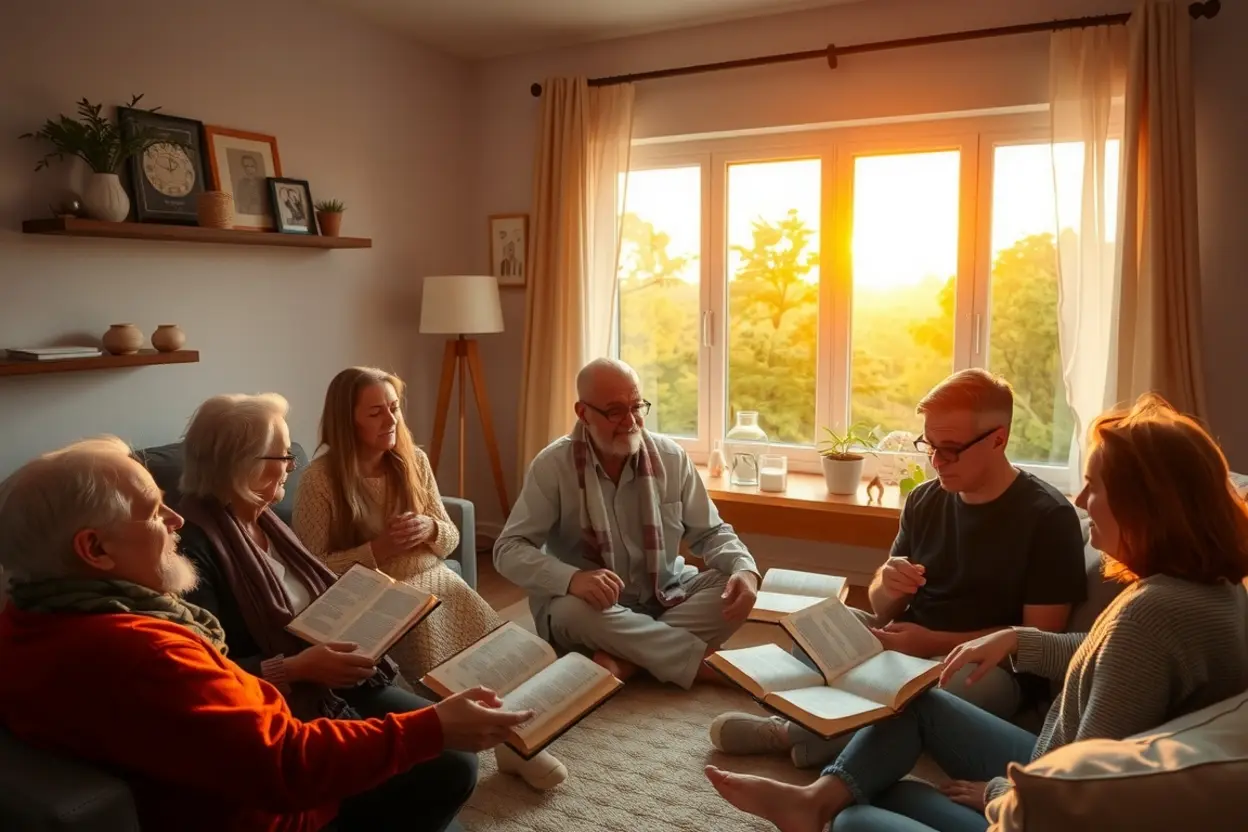 Família reunida na sala de estar com Bíblias abertas em um momento de culto doméstico sob luz suave.