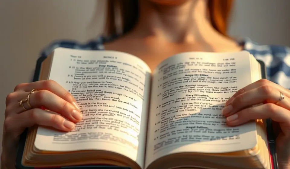 Mãos segurando a Bíblia aberta, simbolizando a busca por conhecimento e fé eficaz.