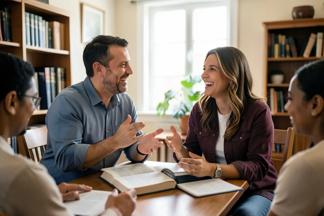 Grupo de estudo bíblico sobre 1 Tessalonicenses 1:5 com plena convicção