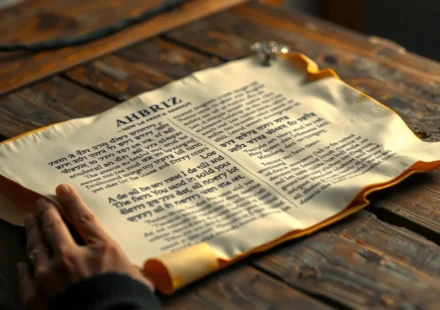 Antigo pergaminho com texto bíblico e mão apontando