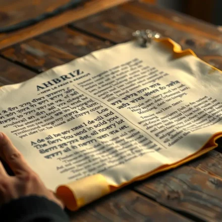 Antigo pergaminho com texto bíblico e mão apontando