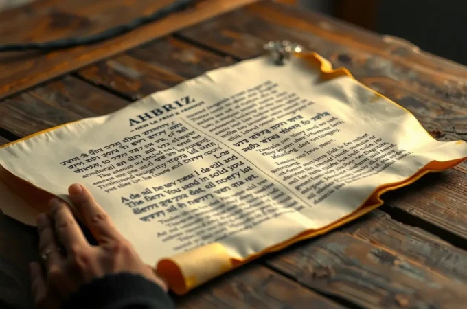 Antigo pergaminho com texto bíblico e mão apontando