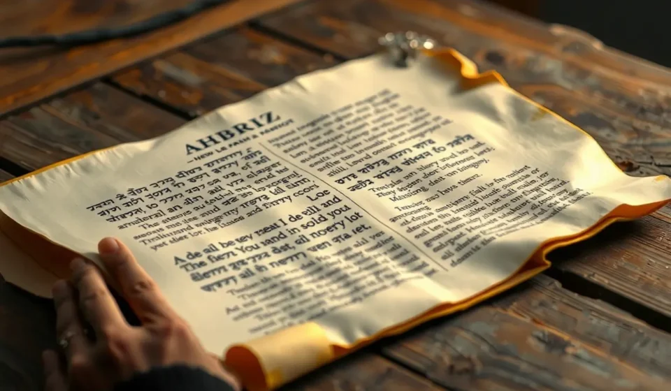 Antigo pergaminho com texto bíblico e mão apontando